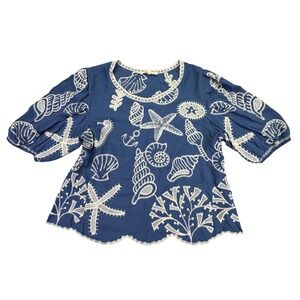 Solitaire Shirt Women's Medium Beach Vacation Blue Seashell Starfish Coral Blue